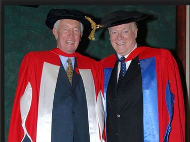 Former Canadiens captain Jean Béliveau (left) poses with Dr. David Mulder, the longtime team physician, after receiving an honorary degree from McGill University.