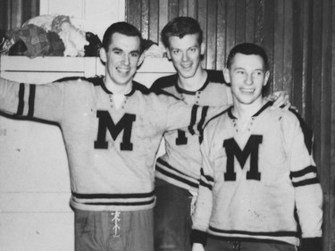 Dr. David Mulder (centre), the Canadiens longtime team physician, poses with linemates Carl Zylak (left) and Vic Neufeld, who were part of the College of Medicine team at the University of Saskatchewan in 1961.