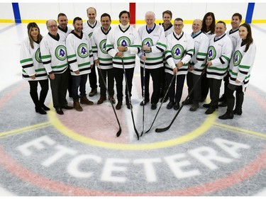 Dr. David Mulder, centre right, and former Montreal Canadien Patrice Brisebois with members of the organizing committee for the Cedars Hockey To Conquer Cancer hockey tournament at Hockey Etcetera in Montreal on Jan. 29, 2020.