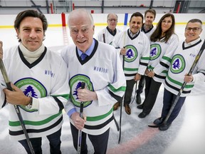 Former Montreal Canadien Patrice Brisebois, left, and Habs physician David Mulder with members of the organizing committee for the Cedars Hockey To Conquer Cancer hockey tournament, from left: Steve Stotland, Dario Montoni, Dr. Tarek Hijal, Ariel Dayan Médalsy and Tony Aksa at Hockey Etcetera in Montreal on Jan. 29, 2020.  Brisebois and Dr. Mulder are honorary chairs of the tournament.