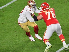 Guard for the Kansas City Chiefs Laurent Duvernay-Tardif from Quebec in action during Super Bowl LIV between the Kansas City Chiefs and the San Francisco 49ers at Hard Rock Stadium in Miami Gardens, Florida, on Sunday, Feb. 2, 2020.