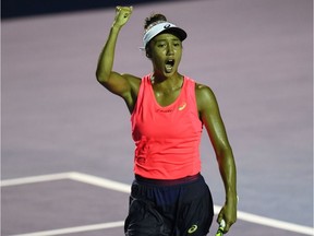 Leylah Fernandez of Laval celebrates winning the second set against Britain's Heather Watson during their Mexico WTA Open women's final singles tennis match in Acapulco on Saturday, Feb. 29, 2020.