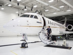 Bombardier's Global 7500 is shown during a media tour in Montreal in 2018. The company is nearing its 50th Global 7500 delivery, and it expects unit costs to drop about 20 per cent by the time the 100th jet has been delivered.