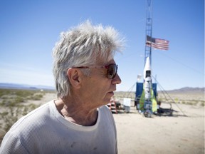 In this March 6, 2018, file photo, "Mad" Mike Hughes reacts after the decision to scrub another launch attempt of his rocket near Amboy, Calif. The self-styled daredevil died Saturday, Feb. 22, 2020, after a rocket in which he launched himself crashed into the ground, a colleague and a witness said.  (James Quigg/Daily Press via AP, File) ORG XMIT: CAVIC601