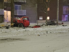 For reasons that have yet to be established the car slammed into a tree in front of an apartment block on De Montarville Blvd. in Boucherville with such force that the vehicle was ripped in two.