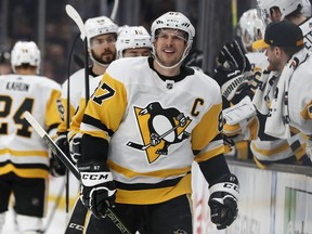 Pittsburgh Penguins captain Sidney Crosby celebrates after scoring goal against the Boston Bruins during NHL game at Boston’s TD Garden on Jan. 16, 2020.