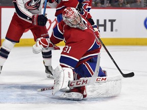 Canadiens goalie Carey Price makes a save against the Columbus Blue Jackets at the Bell Centre on Sunday, Feb. 2, 2020.