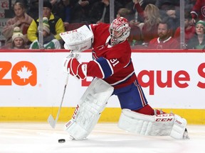 Canadiens goaltender Carey Price clears the puck against the Dallas Stars at the Bell Centre on Feb. 15, 2020, in Montreal.