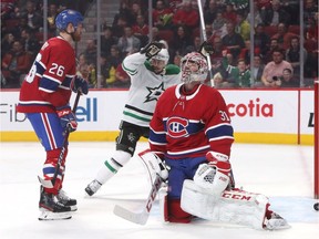 Canadiens goalie Carey Price reacts after allowing goal by the Dallas Stars' Blake Comeau during NHL game at the Bell Centre in Montreal on Feb. 15, 2020.