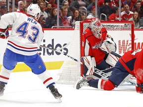 Capitals goaltender Ilya Samsonov makes a save on shot from the Canadiens' Jordan Weal during NHL game at Capital One Arena in Washington on Nov. 15, 2019. The Canadiens won the game 5-2.