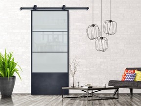 Something as simple as a new interior door can help upgrade the look of a dull hallway. Indoor Studio's Cartier Metal Barn Door Kit, HomeDepot.ca