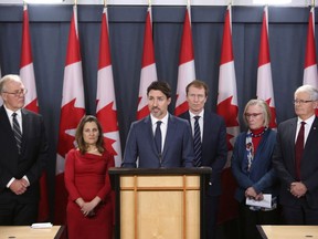 Prime Minister Justin Trudeau holds a news conference with members of his cabinet to discuss the current rail blockades and other topics at a news conference in Ottawa Friday, February 21, 2020. From left to right Bill Blair, Minister of Public Saftey, Chrystia Freeland, Deputy Prime Minister, Prime Minister Justin Trudeau, Marc Miller, Indigenous Services Minister, Carolyn Bennett Minister of Crown-Indigenous Relations and Marc Garneau, Transport Minister.