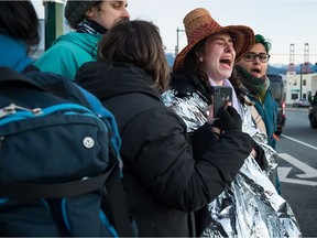 Protesters demonstrating in solidarity with Wet'suwet'en hereditary chiefs blocked an entrance to the port in Vancouver on Feb. 10.