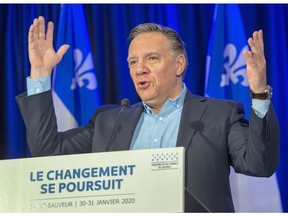 Quebec Premier François Legault speaks at a news conference on Thursday, Jan. 30, 2020, in St-Sauveur to announce the plan to place a deposit on all drink containers.
