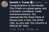 U.S. President Donald Trump congratulates the Kansas City Chiefs, who play in Missouri, for representing the state of Kansas in the Super Bowl.