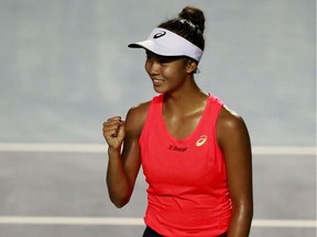 Canada's Leylah Annie Fernandez celebrates after winning Friday's semifinal match against Mexico's Renata Zarazua in Acapulco at the Mexico Open.