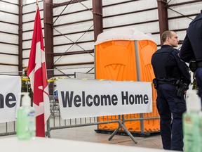 Welcome signs at CFB Trenton in preparation for the arrival under quarantine of Canadians evacuated from China due to the outbreak of the coronavirus, Feb. 6, 2020.