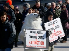 A climate change activist in a polar bear costume stands with New Hampshire residents and supporters of Democratic U.S. presidential candidate Pete Buttigieg waiting in the cold to see him make a campaign appearance at Elm Street Middle School in Nashua, N.H., on Sunday, Feb. 9, 2020.