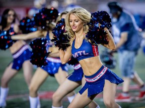 Alouettes cheerleaders perform during a game against the Winnipeg Blue Bombers on June 22, 2018. Credit: Dominick Gravel, Montreal Alouettes