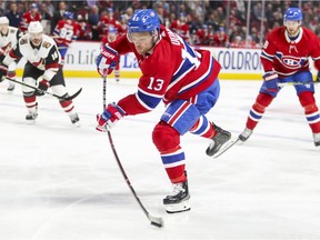 Canadiens' Max Domi takes a shot during third period against the Arizona Coyotes in Montreal on Feb. 10, 2020.