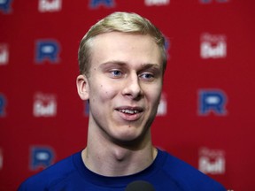 Montreal Canadiens prospect Jesse Ylonen meets the media after reporting to the AHL's Laval Rocket farm team in Laval on March 3, 2020.