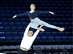 Montrealer Nelson Sanchez Leemet, who plays Woody in the Disney on Ice show Road Trip Adventures, practises Wednesday at Place Bell with Sophia Adams, who plays Princess Jasmine.