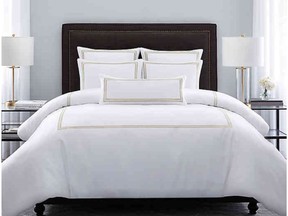 Fresh white sheets with a neutral accent colour allow you to accessorize with either crisp bright colours or muted neutrals. Wamsutta Hotel Triple Baratta Stitch Duvet Set, $210, bedbathandbeyond.ca