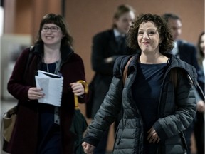 Sue Montgomery and chief of staff Annalisa Harris, left, in the Montreal courthouse on Tuesday, March 10, 2020.