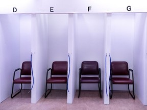 Isolation cubicles at the COVID-19 testing centre in the former Hôtel-Dieu hospital.