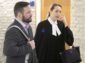 Marc Olivier Perron and his lawyer Ariane Bergeron-St-Onge arrive at Longueuil court room on Friday March 13, 2020.