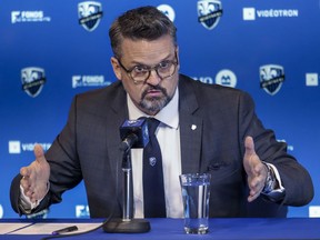 Montreal Impact president and chief executive officer Kevin Gilmore met reporters in Montreal on March 13, 2020, to answer questions about the suspension of the Major League Soccer season and CONCACAF competition due to concerns aver the coronavirus crisis.