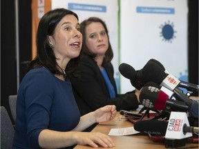 Montreal mayor Valérie Plante, left, and Montreal Public Health director Mylène Drouin explain the latest measures adopted by the city during  the update on the coronavirus crisis on Monday, March 16, 2020.