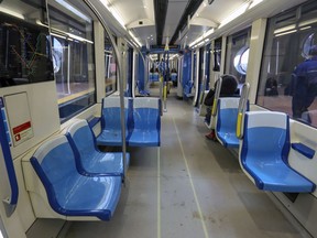 A near-empty métro car leaves the Angrignon station in Montreal on March 16, 2020.