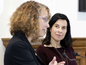 "The No. 1 priority for the emergency fund is to ensure food security for families, children, seniors and for all vulnerable people," Centraide director Lili-Anna Pereša says, as Montreal Mayor Valérie Plante looks on Tuesday, March 24, 2020.
