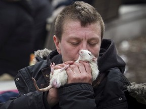 Lucie Corbeil with her rat Wow at an outdoor day centre provided by the city of Montreal at Cabot Square in Montreal on Saturday, March 28, 2020. This was the first day of a day centre set up to respond to the COVID-19 crisis with the homeless population. Lucie said she has trouble getting into shelters or on the métro because of her pet rat despite having a carrying case for it. She said she was autistic and has never had affection or love and her rat Wow gives her everything.