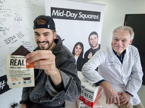 If your product isn’t made in Canada, it might not get the same support and prominence in local stores, says Mid-Day Squares co-founder Jake Karls, left, with plant manager Jean-François Fournier. “If you’re manufacturing somewhere else, they’re not pushing your product.”