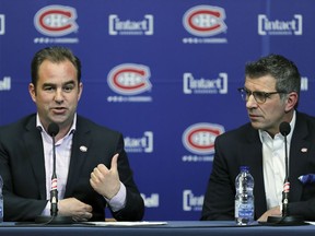 Canadiens owner/president Geoff Molson (left) and general manager Marc Bergevin meet the media to discuss their season at the Bell Sports Complex in Brossard on April 9, 2018.