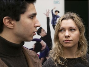 Quebec figure skaters Zach Lagha and Marjorie Lajoie discuss the cancellation of the World Figure Skating Championships during a news conference in Montreal on March 12, 2020.