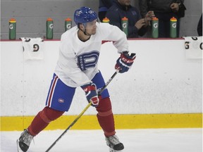 Alex Belize takes part in practice with the AHL's Laval Rocket on Sept. 25, 2019.