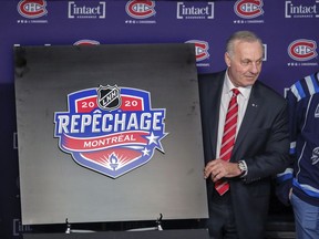 Canadiens legend Guy Lafleur unveils logo for the 2020 NHL Draft before game between the Canadiens and Arizona Coyotes at the Bell Centre in Montreal on Feb. 10, 2020.