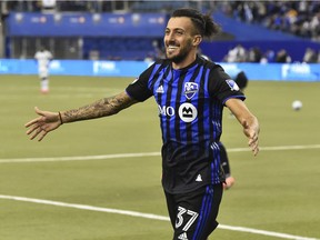 Maximiliano Urruti of the Montreal Impact celebrates his goal in the second half against New England Revolution at Olympic Stadium on Feb. 29, 2020, in Montreal.