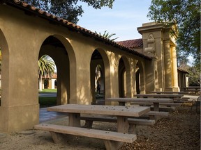 Empty chairs and tables sit outside the usually bustling student union during a quiet morning at Stanford University on March 9, 2020 in Stanford, California. On March 17, a "shelter in place" directive took effect in much if not all of the Bay Area, including in Santa Clara County and in San Francisco.