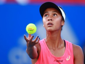 Leylah Fernandez of Laval serves against Heather Watson of Great Britain as part of the ATP Mexican Open 2020 Day 6 at Princess Mundo Imperial on Feb. 29, 2020, in Acapulco, Mexico.