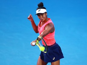 Leylah Annie Fernandez of Laval hits return during Mexican Open final against Heather Watson on Feb. 29, 2020, in Acapulco.