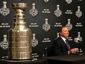 NHL commissioner Gary Bettman speaks to the media prior to Game One of the 2014 NHL Stanley Cup Final between the New York Rangers and the Los Angeles Kings on June 4, 2014, in Los Angeles.