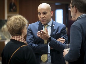 Christopher Skeete who is Premier Francois Legault's point man with the English-speaking community, mingles with members of the community during a 5 a 7 in St Leonard on Thursday October 17, 2019. "Actions imposed while the consultation was actually underway sent particularly mixed messages," Geoffrey Chambers and Gerald Cutting write.