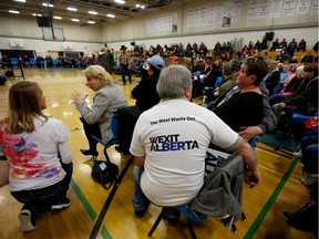 A packed crowd attends a rally for Wexit Alberta, a separatist group seeking federal political party status, in Calgary, Nov. 16, 2019.
