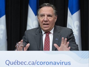 Premier François Legault responds to questions at one of his daily briefings. There have been shades of Winston Churchill in some of his remarks.