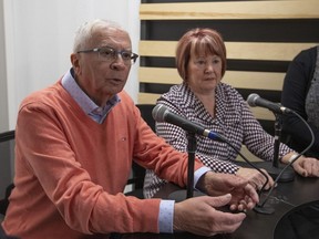 Bernard and Diane Menard hold a news conference in Gatineau, Que. Thursday, March 12, 2020. The Menards contracted the coronavirus on the cruise ship Diamond Princess last month off of Japan.