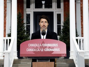 Canada's Prime Minister Justin Trudeau speaks during a news conference at Rideau Cottage as efforts continue to help slow the spread of coronavirus disease (COVID-19), in Ottawa, Ontario, Canada March 29, 2020.  REUTERS/Blair Gable